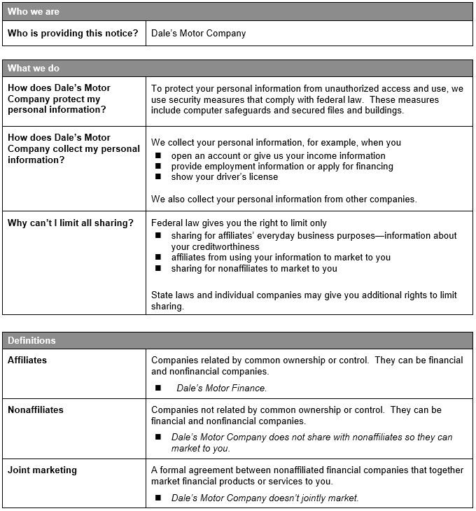 Dale's & BartlettMotor Co, Privacy Policy image 2 of 2